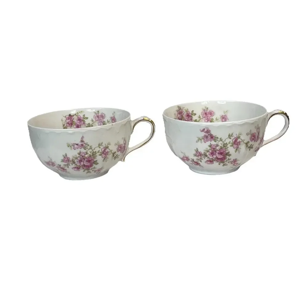 Vintage Haviland France Limoges Set of 2 Tea Cups Gold White Pink Flowers Garden
